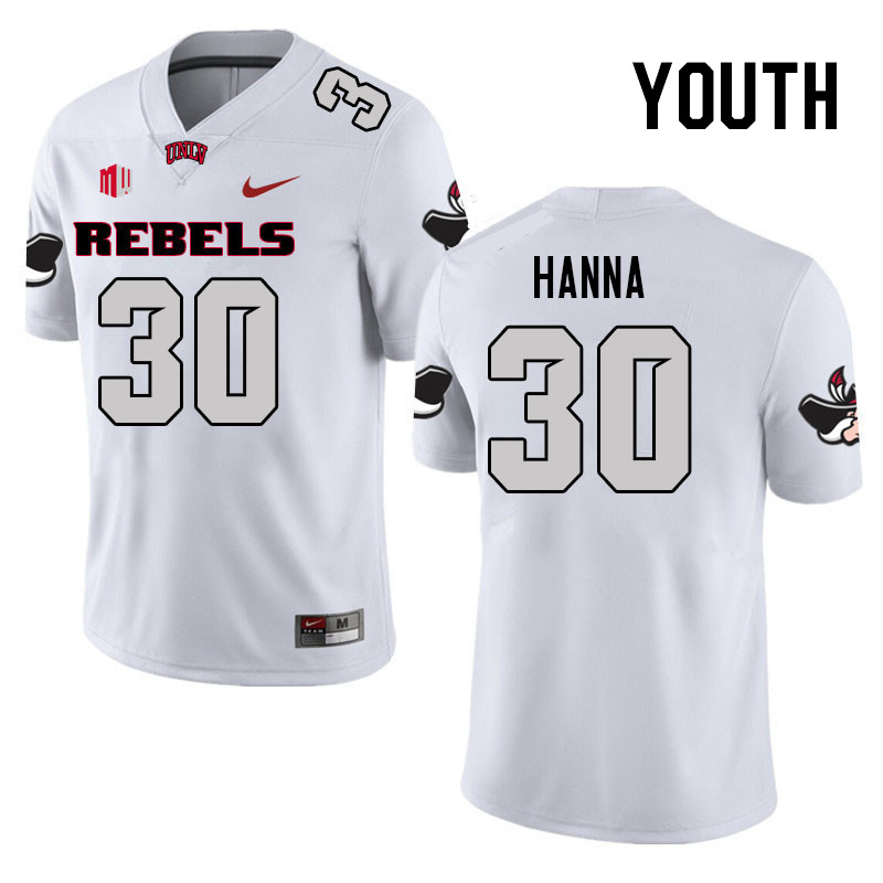 Youth #30 Jordan Hanna UNLV Rebels College Football Jerseys Stitched Sale-White - Click Image to Close